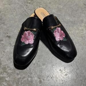 Dainty Whimsical Feminine Black Loafer Mule Slip On Pink Floral Embroidery Sz 8